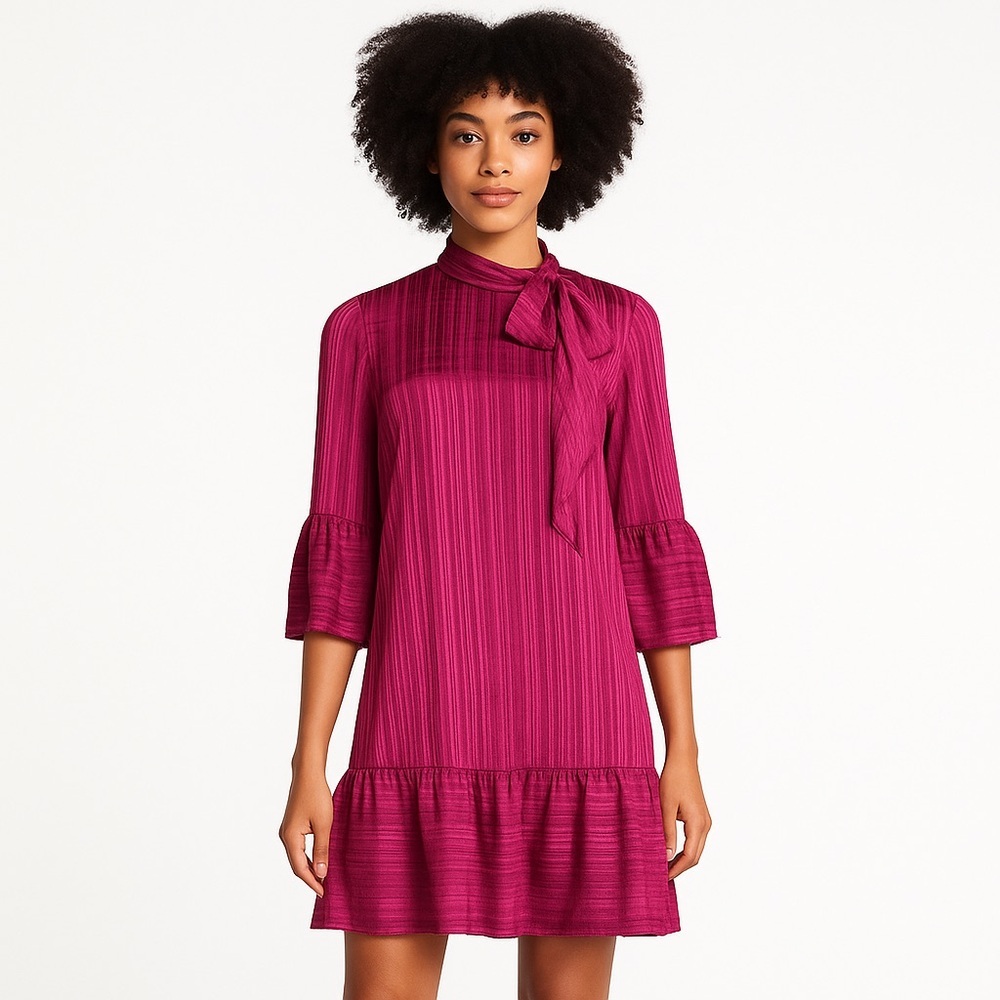Calvin Klein Mod Inspired 60’s Shift Shimmer Romantic Chiffon Bell Sleeve Dress